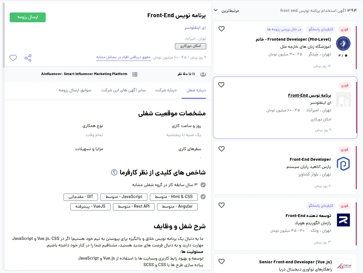 بازار کار فرانت اند در ایران